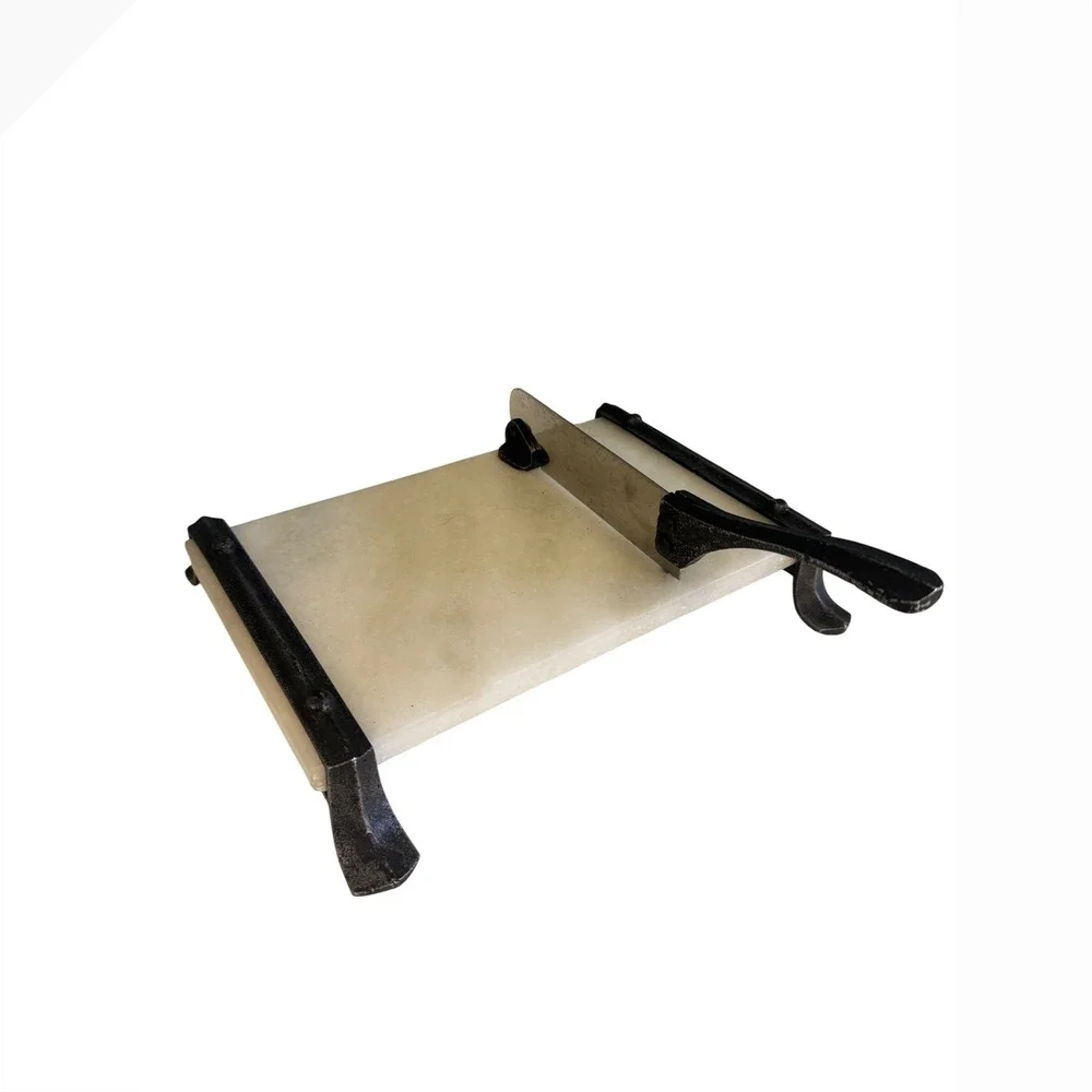 Vintage Marble Cheese Slicer Guillotine Cast Iron Footed White Stone Board Black
